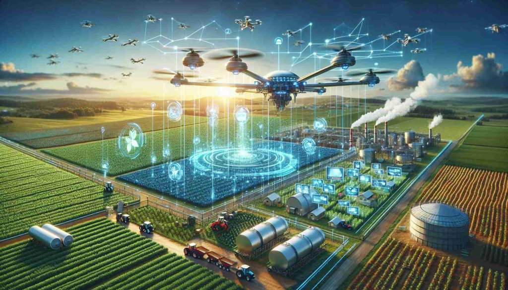 Realistic high-definition image representing the concept of revolutionizing agricultural marketing through innovative digital strategies. Incorporate elements like farms and fields with futuristic tech such as drones, digital displays, and AI-powered monitoring systems. The scene can show farmers leveraging these advanced technologies to advertise their products, monitor crop health, and make data-driven decisions to increase productivity and efficiency.