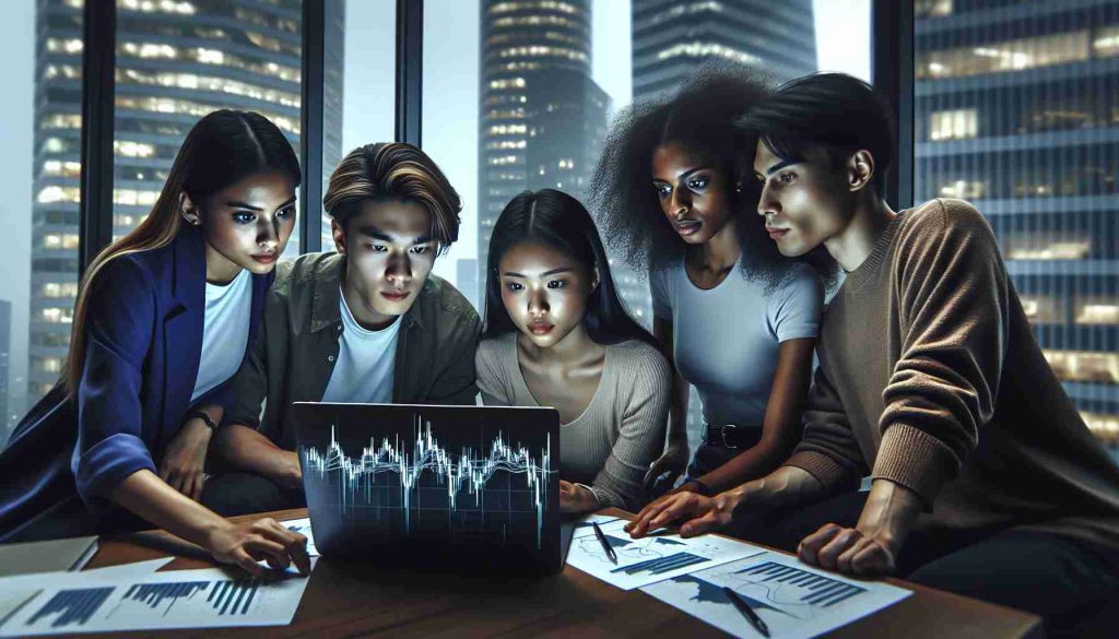 Generate a detailed and realistic high-definition scene featuring a diverse group of young individuals, eager to partake in the stock market. In the frame, a South Asian young woman, a Hispanic young man, a Caucasian young man and a Black young woman are huddled around a laptop, their faces illuminated by the screen as they study graphs and charts with intense concentration. They are seated in a modern, well-lit room with a large glass window presenting a view of towering skyscrapers.