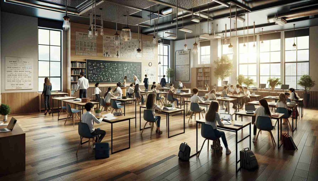 A high-definition, realistic photo of a modern classroom that promotes tech-free learning. This environment is filled with traditional resources, including paper books, blackboards, desks, and chairs. The room is spacious and well-lit, with sunlight streaming in from large windows. Students are interacting with each other and their teacher, engaging in group discussions and sharing ideas. On the walls, educational posters provide helpful references. All individuals are engrossed in their work, highlighting the emphasis on interpersonal communication and manual skill-building in this technology-free educational setting.