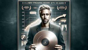 A digital image of an acclaimed male songwriter setting a new streaming record with his latest album. The composition focuses on a man of Caucasian descent, blonde, with a determined expression on his face. He is dressed in casual attire, holding a symbolic platinum disc representing the streaming record. In the background, there are quotes applauding his triumph, and a representation of an album chart showing a rise to the top, symbolising a new record set. The overall design is reminiscent of a high-definition, realistic snapshot.