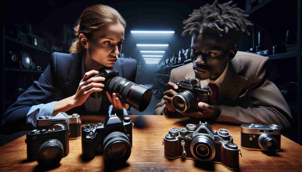 A high-definition image capturing a comparison between two photography devices, illustrative of an enthusiast diving into the details and specifications. The scene depicts a Caucasian photographer with her DSLR and a Black photographer with his vintage camera, both intently studying their devices. Their examination focuses on aspects such as lens size, camera body, and other features distinct to each device. In the background, there is a darkened room filled with pieces of other photographic equipment. The atmosphere is characterized by a sense of investigation and excitement, typical of photography enthusiasts comparing their gear.