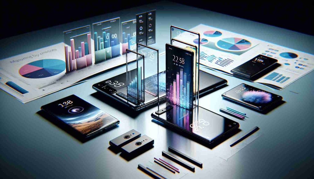 A photo-realistic, high-definition visualization detailing the emerging trends in the premium smartphone market. The scene could include a few flagship smartphones laid out elegantly, perhaps on a glossy table. Each phone could showcase distinct trend-setting features that are unique to each, such as edge-to-edge display, periscope camera, in-display fingerprint sensor, or foldable display. Charts or infographics could be floating above the phones, indicating market share, user preferences, or predicted future trends in design and technology.