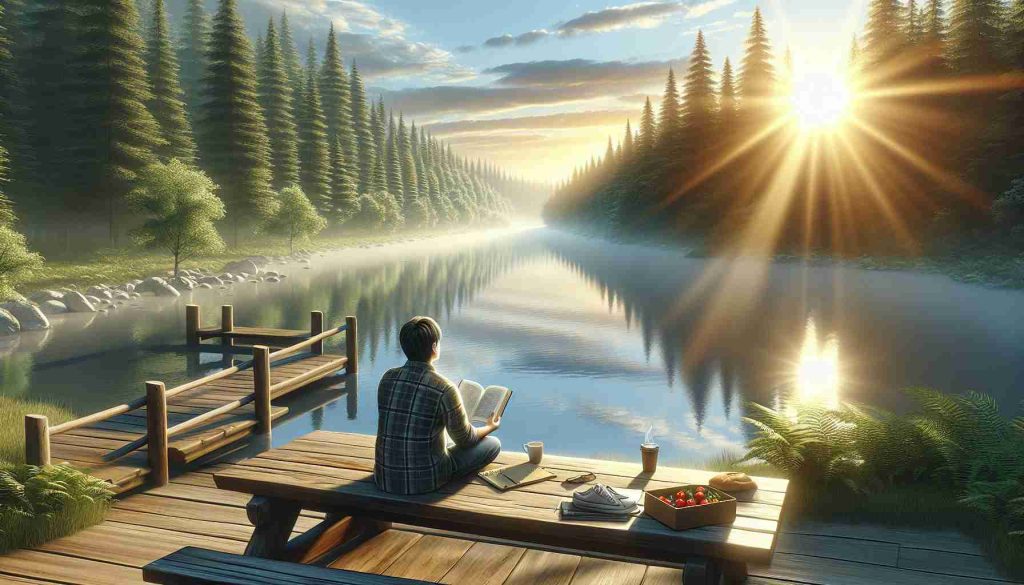 Please create a high-definition realistic illustration that symbolizes the benefits of starting a day without social media. Visualize a serene morning scene with the sun rising over peaceful, untouched nature such as a forest or a lake. Include a person of Asian descent, possibly enjoying a book on a wooden bench. The person appears relaxed with a contented smile. There could be some healthy food by the side, a visible sign indicating physical wellbeing. Also, illustrate some noticeable signs of increased productivity and creativity - maybe the person is sketching or writing in a journal too.