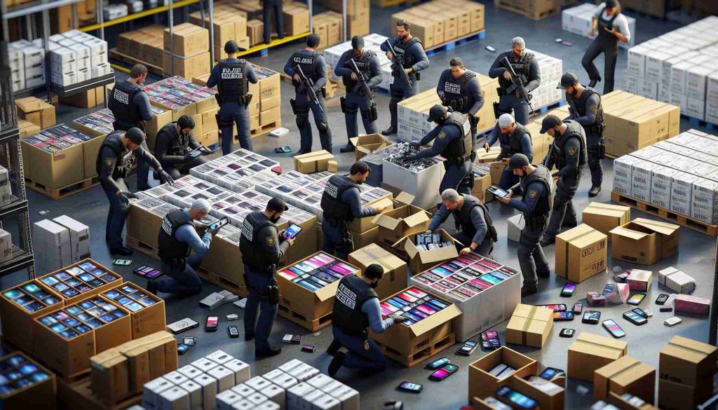 A highly detailed, realistic image of a law enforcement operation unfolding. Displaying both men and women officers of Caucasian, Hispanic, Black, Middle-Eastern, and South Asian descent participating in the operation. They are gathering evidence from a warehouse filled with counterfeit electronic goods engaging in a detailed investigation. Disarrayed boxes full of faux smartphone products are visible, along with badges and emblems showing the operation is officially sanctioned.