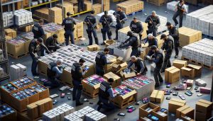 A highly detailed, realistic image of a law enforcement operation unfolding. Displaying both men and women officers of Caucasian, Hispanic, Black, Middle-Eastern, and South Asian descent participating in the operation. They are gathering evidence from a warehouse filled with counterfeit electronic goods engaging in a detailed investigation. Disarrayed boxes full of faux smartphone products are visible, along with badges and emblems showing the operation is officially sanctioned.