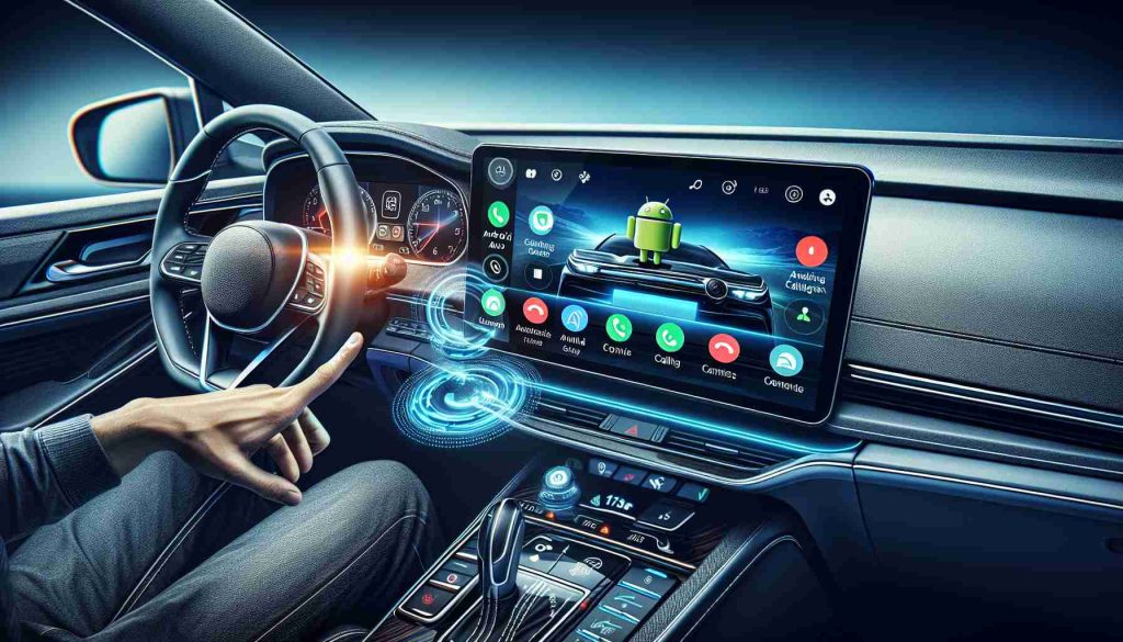 Create an image depicting a contemporary vehicle interior that showcases an advanced integration of third-party calling apps on the Android Auto system. The central focus should be the car's touchscreen infotainment system, actively showing a call being placed via one of these modern communication tools. Include details such as Android Auto's user-friendly interface, the sleekness of the car's interior detailing, and the driver interacting with the system hands-free. The image should radiate a sense of revolutionary advancement in car communication technology.