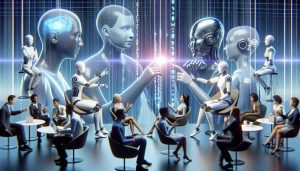 A high-definition, realistic image showcasing a scene of virtual conversations being revolutionized. The scene features AI-powered characters interacting. Each character is portrayed with high levels of complexity and intelligence, engaging in meaningful dialogue. Two characters are in the middle of an animated conversation while others are waiting for their turn. The environment is virtual and digital, represented by a sleek, futuristic design. Advanced algorithms and lines of codes can be seen in the background representing the AI's working. Overall, the image should convey the transformative and advanced nature of AI in virtual communications.