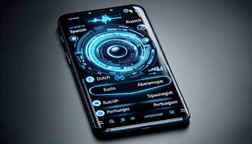 Generate an HD image realistically depicting a Samsung Galaxy smartphone screen, showcasing newly added language offerings in the phone's AI system. The interface should be modern, user-friendly, and easy to navigate. Display several language options, such as Spanish, Russian, Dutch, Portuguese, and Japanese. Depict dynamic and futuristic AI elements to highlight advanced technology.