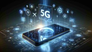 A realistic, high-definition image of future smartphones being shaped by 5G technology. Picture a sleek, modern smartphone with a screen depicting a 5G logo. The device should be surrounded by symbols representing key features of 5G such as lightning-fast download speeds, enhanced connectivity, and lower latency. Include visuals that suggest advanced technologies: perhaps, holographic projections of data, networks of interconnected nodes, and beams of light representing fast data transfer. The overall ambiance should convey progress, innovation, and the dawn of a new technological era.