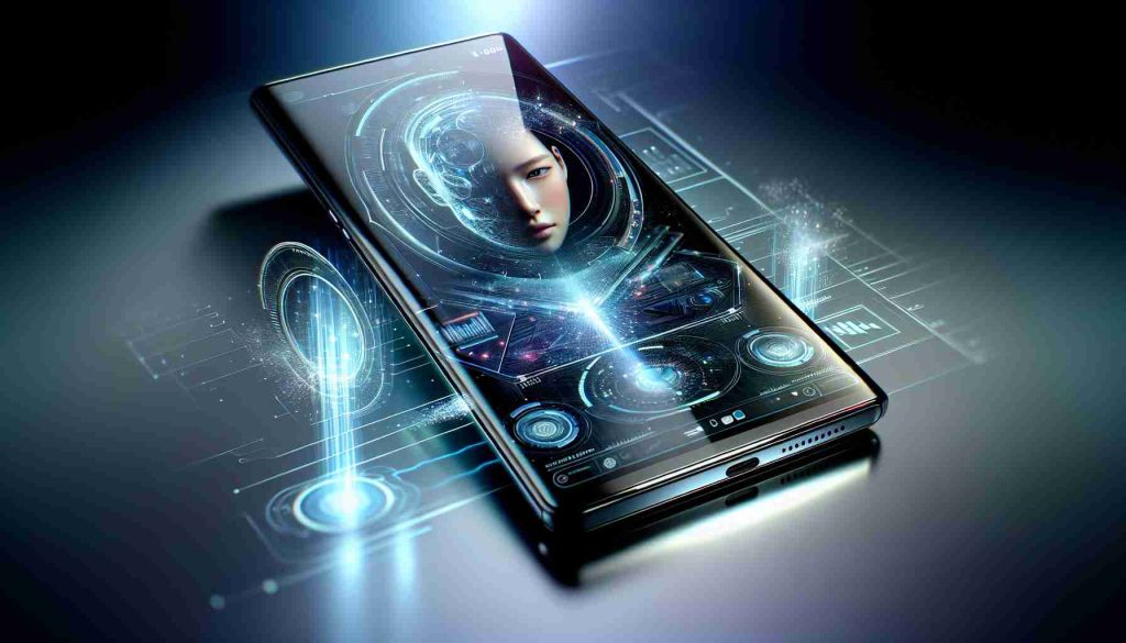 A highly detailed and realistic image showcasing the pinnacle of contemporary mobile technology. This includes a sleek, state-of-art smartphone with cutting-edge features such as a high-resolution screen, a sophisticated camera, advanced facial recognition, and wireless charging capabilities. The image also shows holographic projections coming out of the screen, capturing futuristic applications of AI and augmented reality. The setting is clean and modern, the background glowing with a digital aura reflecting the phone's impressive technology, ensuring the design perfectly encapsulates the irresistible charm of cutting-edge mobile technology.