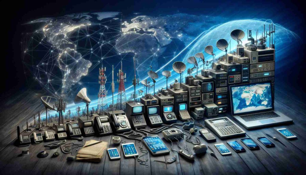 A realistically rendered, high-definition image that illustrates the impact of technological upgrades on communication services. This may display progressive stages of technology: from landline telephones and means of writing letters, to smartphones, laptops, and tablets with various apps installed. In the foreground, there are network towers and satellite dishes, representing advances in network technology. The background features a world map, symbolizing global connections. The overall tone of the image should reflect technological progress, change, and the continuous evolution of communication mediums.