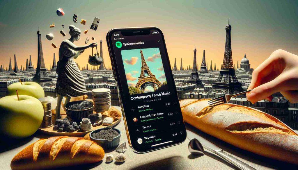 Create a hyper-realistic high-definition image showing the exploration of contemporary French music trends on Spotify. The image should include the Spotify application interface, with prominently featured French songs and playlists that reveal current popular genres in France. The image can also include elements that highlight French culture such as Eiffel Tower or baguette. Remember to maintain the green and black colour scheme typical of Spotify.