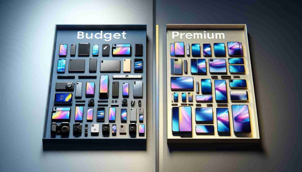 Generate a realistic high-definition image showcasing an aesthetic comparison between budget and premium smartphones. The image should depict two separate tables, with each containing multiple phones. On the left, budget smartphones of various brands and models are neatly arranged, featuring plastic construction, smaller display sizes, and basic features. On the right, premium smartphones showcase metal and glass designs, larger, edge-to-edge displays, and high-end features such as multiple camera setups. The two tables are distinctly labeled as 'Budget' and 'Premium' for clarity.