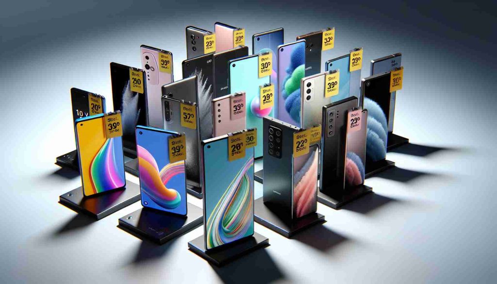 A high-definition, realistic image showcasing an array of the latest smartphone models, all displayed with noticeable discount tags hinting at great deals. The phones should span a variety of brands and styles, from meticulously crafted minimalist designs to extravagant and colorful ones. Each device should also feature distinctive features - some with crisp, edge-to-edge displays, others with robust, high-performance cameras or sleek, innovative form factors. These smartphones should be displayed against a simple, neutral background to emphasize their designs and the enticing discounts.