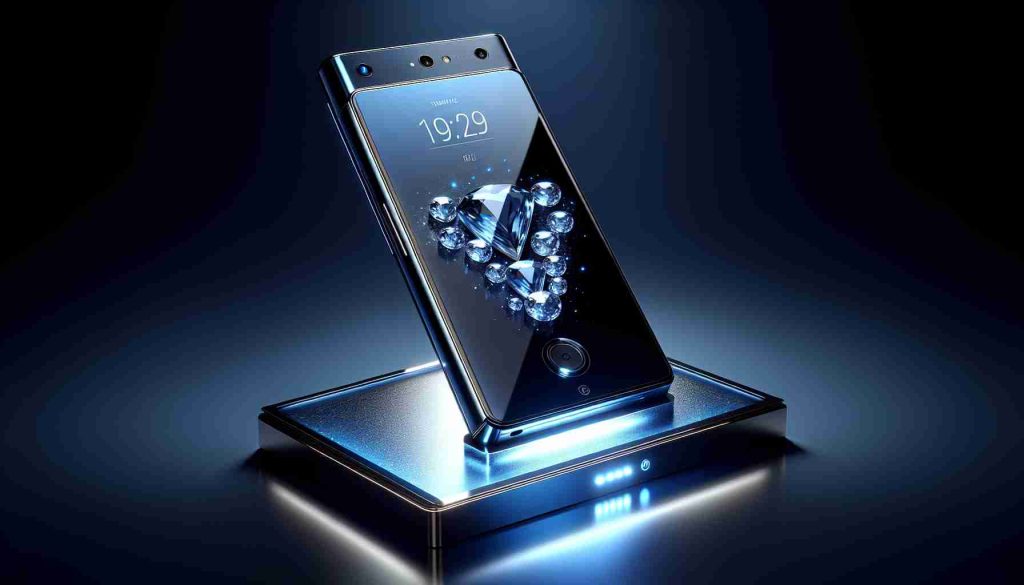 Detailed and realistic HD image of a luxurious smartphone, labelled as 'Sapphire Elite'. The device boasts a sleek and glossy chassis, reminiscent of sparkling sapphire gemstones. The phone is positioned with the screen turned off, reflecting its surroundings. It sits atop a lighted glass podium that casts a hue of blue light towards the smartphone, making the polished sapphire body of the phone glint glamorously. Its camera module and logo are placed subtly at the back while its screen bezels are minimal, adding to the luxurious appeal.