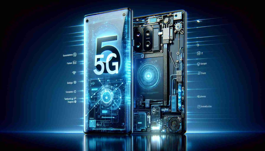 Generate a realistic, high-definition image of a ground-breaking smartphone innovation, dubbed as 'AuroraBlast 5G'. The smartphone should be sleek, high-tech, and boasting of the latest 5G technology. Noteworthy features may include a large, transparent display, advanced camera lenses, and a high-speed processor. The color motif can be a cool bluish hue to match the 'Aurora' in its name. In addition, the brand logos and technological specifications related to 5G should be clearly visible, highlighting its position as a triumphant symbol of modern telecommunications.