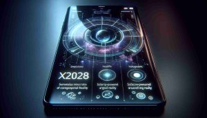 Create a high-definition, realistic image of a futuristic concept smartphone, labeled as the 'X2028'. It should include revolutionary features that are not yet present in contemporary devices such as holographic displays, seamless integration of augmented reality, solar-powered recharging, and advanced AI capabilities.