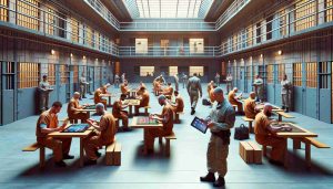 Generate a high-definition, realistic image of a digital detox program being implemented in a central jail. Envision this as a large room filled with inmates participating in various activities that don't involve electronics - reading books, playing board games, practicing yoga or meditation. Guards are overseeing the activities while holding physical paperwork instead of electronic devices, reflecting the ethos of digital detox. The architecture of the prison is characterized by tall stone walls and metal bars, and the atmosphere is calm and orderly.