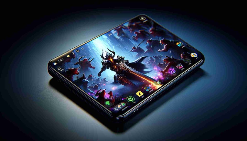 A high-definition, realistic image showcasing a modern smartphone, highlighting its unique features ideal for gaming. The image portrays the phone with a vibrant, crystal clear screen, the contrasts and depth of an immersive game displayed on it. The game itself is intricate, probably a fantasy or science fiction genre, brimming with rich detail and complex characters. The phone's comfortable grip design and responsive controls, ability to handle high-speed action without lag, and its long-lasting battery capacity adds to the enhanced gaming experience. The overall ambiance suggests a new era of mobile gaming.