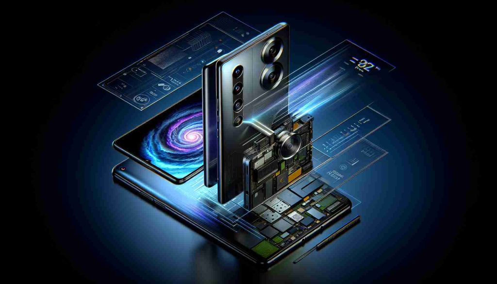 Generate a highly detailed, realistic image representing a cutting-edge smartphone, referred to as the 'Z70 Pro'. The image should emphasize exceptional design and advanced performance characteristics. Illustrate the phone from a dramatic angle that accentuates its sleek design. Include visible elements such as modern, stylish casing, a large, high-resolution screen, and perhaps a camera module that implies superior photography abilities. Make sure to also visually represent the phone's 'revolutionary' nature through indications of innovative features or technology.