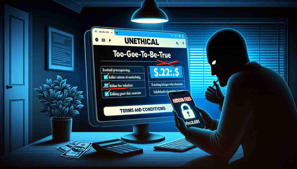 Illustrate a highly detailed and realistic high-definition scene depicting unethical practices in online smartphone sales. Show a webpage with too-good-to-be-true deals with hidden fees and a sneaky terms and conditions checkbox. The background might feature a dark office with a shadowy figure, symbolizing the person behind these deceptive activities. Ensure the serious tone of this image comes across well.