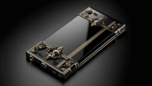 A high-definition, realistic image portraying an exquisite smartphone design. The smartphone is detailed with elegant black color that has a sleek finish. It is ornamented with gold details and accents, signifying the luxurious edition. The overall design suggests high-end technology and opulence.