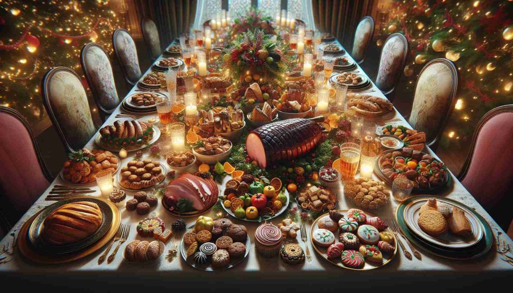 A realistic, high-definition photo that captures the culinary delights during the festive season. The scene includes a grand, lavishly decorated table laden with a tantalizing spread of festive foods. Items might include a sumptuous, glazed ham, colorful roasted vegetables, intricately decorated cookies, and other traditional seasonal dishes. The setting is festively adorned, with glimmering fairy lights, intricately folded napkins, and sparkling glassware. There should be diversity amongst people evident around the table that suggests a mixed gathering with equal inclusion of men, women and children from different descents. Please maintain naturalistic tones and perspectives for authenticity.