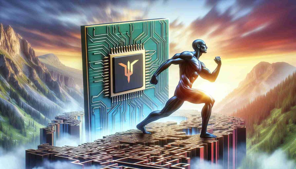 A realistic HD photo representing the evolution of the mobile processor industry. The image should depict a metaphorical rising titan emblazoned with the symbol of a chip, representing Oryon, symbolizing a pioneering firm in the industry. This titan should be depicted in the act of conquering new territories, illustrated by complex labyrinths symbolic of the mobile processor industry. The image should be filled with vibrant contrasting colors indicating the dynamism and innovation in the sector.