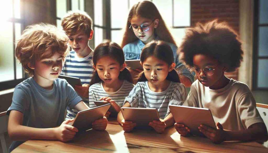 High definition, realistic image of a diverse group of children engrossed in using the latest tablet technology. Include a Caucasian boy with short, light hair, an Asian girl with long, dark hair tied in a ponytail, a Black girl with natural, curly hair, and a Middle-Eastern boy, wearing glasses. The kids should be sitting around a round table, each holding a state-of-the-art tablet. Their expressions should convey fascination, curiosity and empowerment. The atmosphere should hint at a modern, technology-driven classroom setting. It's a bright day, with natural sunlight streaming in through a nearby window.