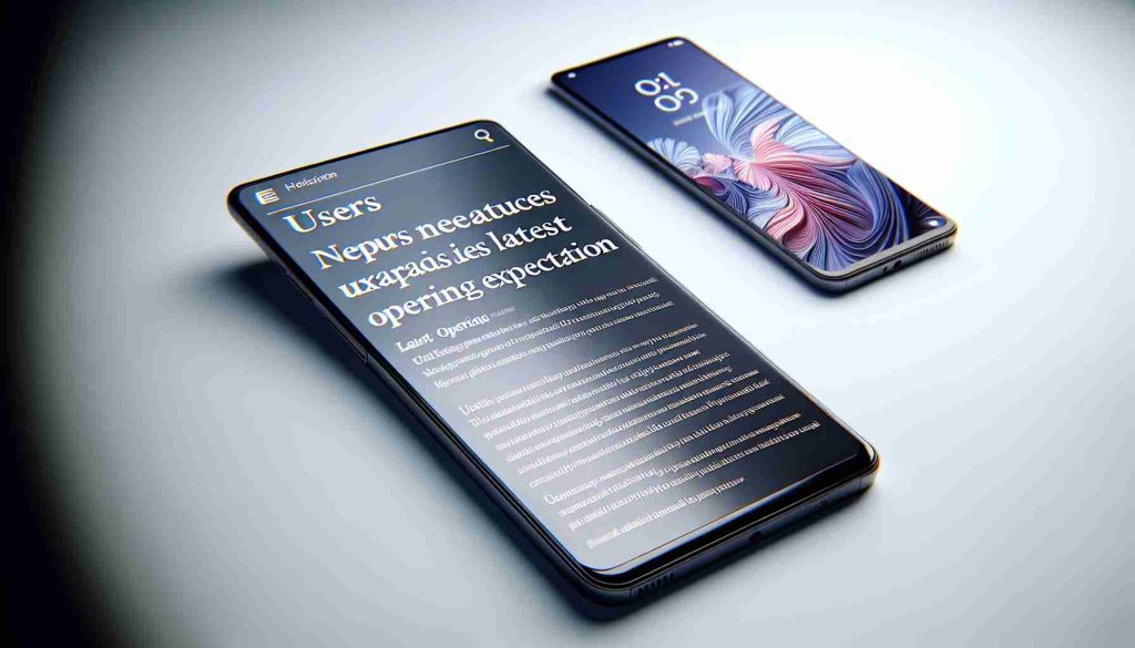 Generate a highly detailed, realistic image of a news headline stating 'Users Report New Features Surpass Expectations on Latest Phone Model with Latest Operating System Update'. The header is set against an image of a sleek, ultra-modern smartphone with the screen lit, displaying the interface of the latest operating system. The device is resting on a pristine, well-lit white surface.