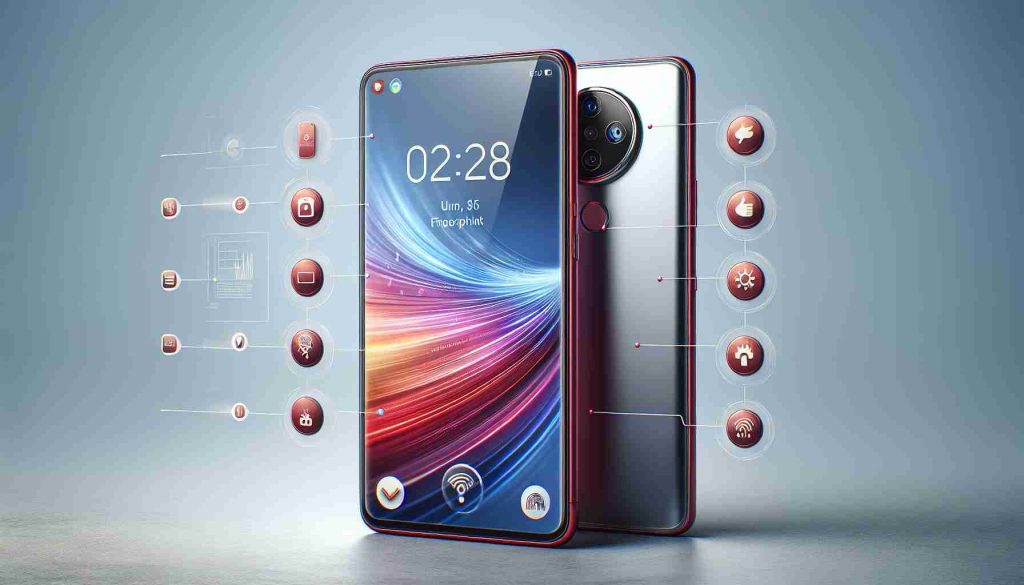 Create a realistic HD image of a modern smartphone featuring a large hi-res screen, sleek design with metallic finish, dual-camera setup at the back, and fingerprint security. The phone should be red in color and on the screen, display various high-tech functionality icons symbolizing speed, connectivity, and performance.