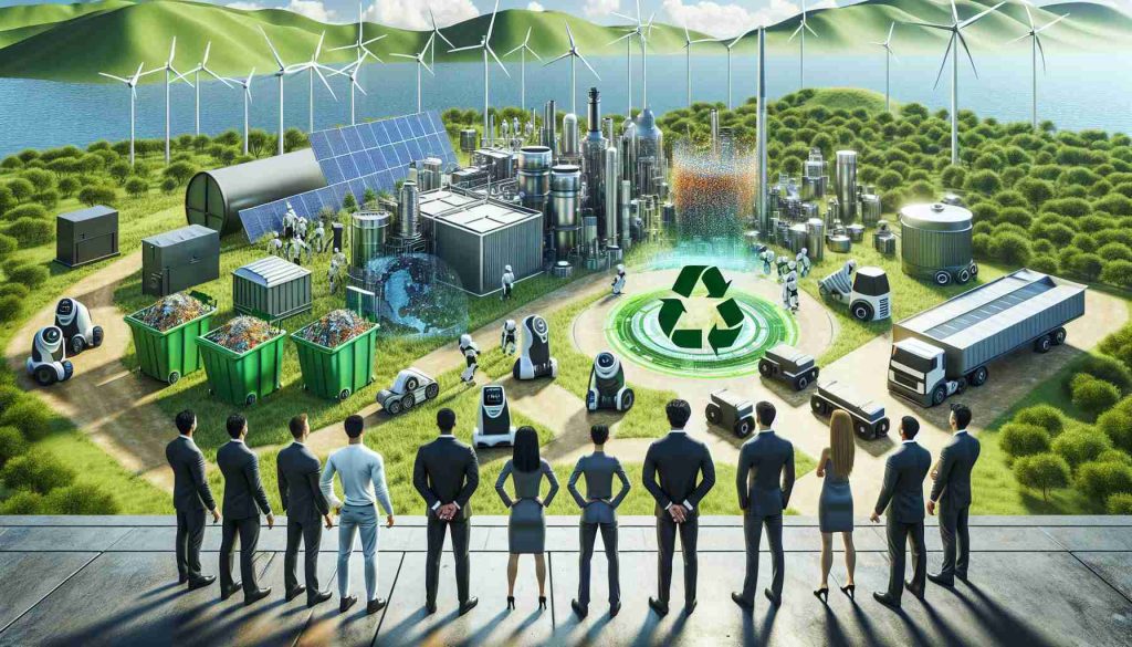 A high definition, realistic visual representation of revolutionizing waste management. The scene shows a new approach being taken, with advanced technology like autonomous recycling bots and smart trash cans for automatic waste sorting. It also showcases green landscapes baring the fruitful result of effective waste management, with wind turbines and solar panels indicating a sustainable power source. In the forefront, a diverse mix of people -- a Caucasian male waste management engineer, a Black female environmental scientist and a Middle-Eastern male city planner -- stand in awe of the efficient setup.