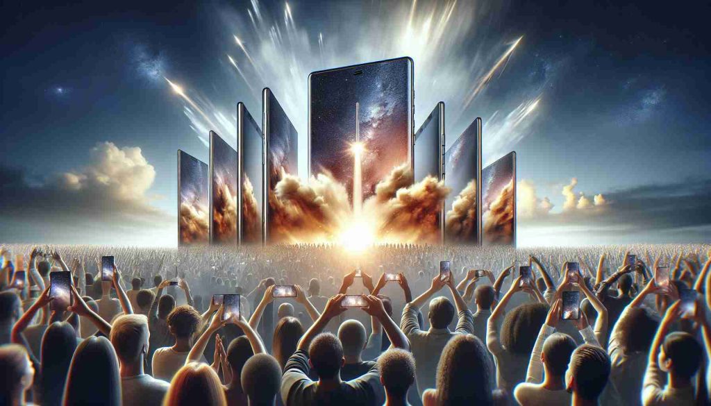 An extremely realistic, high-definition image depicting the launch of a new series of smartphones from a tech company. The scene communicates a sense of revolutionizing mobile entertainment - showcasing the sleek design, advanced features, and groundbreaking technology of the devices. We're looking for an atmosphere of excitement and anticipation, with people from different descents - Hispanic, Caucasian, Black, Middle-Eastern, and South Asian, both men and women, eagerly interacting with the smartphones.