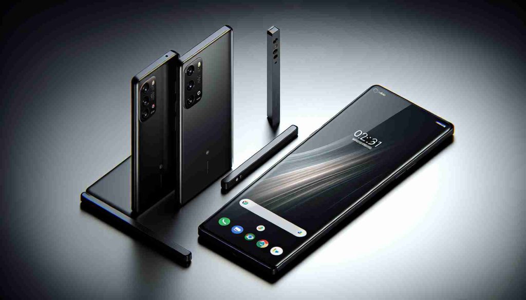 An image of a realistic high-resolution smartphone that is similar in design and features to popular contemporary technology products. This particular model has a large display, sleek design, multiple camera setup on the back, and a prominent logo on the back bottom. The color scheme is sophisticated with dark neutral shades such as black or dark grey. Highlight features such as the responsive touch screen, the advanced camera system, and the overall craftsmanship are evident.