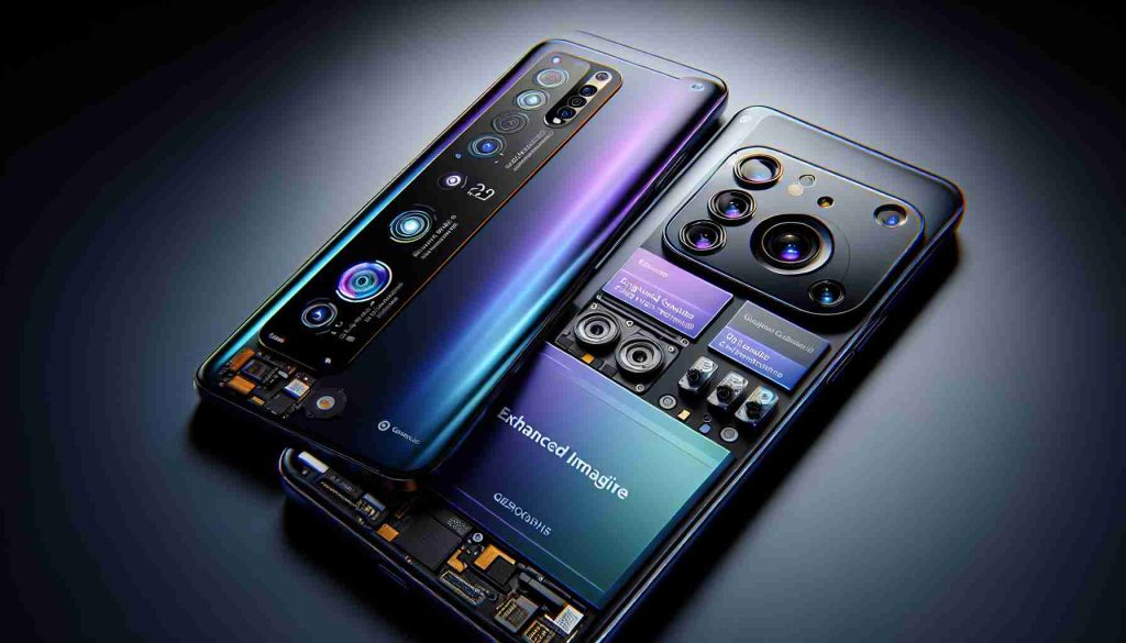 A high-definition, realistic image of the latest flagship smartphones released by a generic electronics company, featuring enhanced imaging features. The phones should exhibit a sleek, modern design with large, vibrant displays. Along with the regular phone features, they should also contain advanced photographic capacities such as high-resolution cameras, improved night mode, and AI-enhanced image processing. Please also show the intricate detailing of the camera module and beautifully rendered back panel of the smartphones.