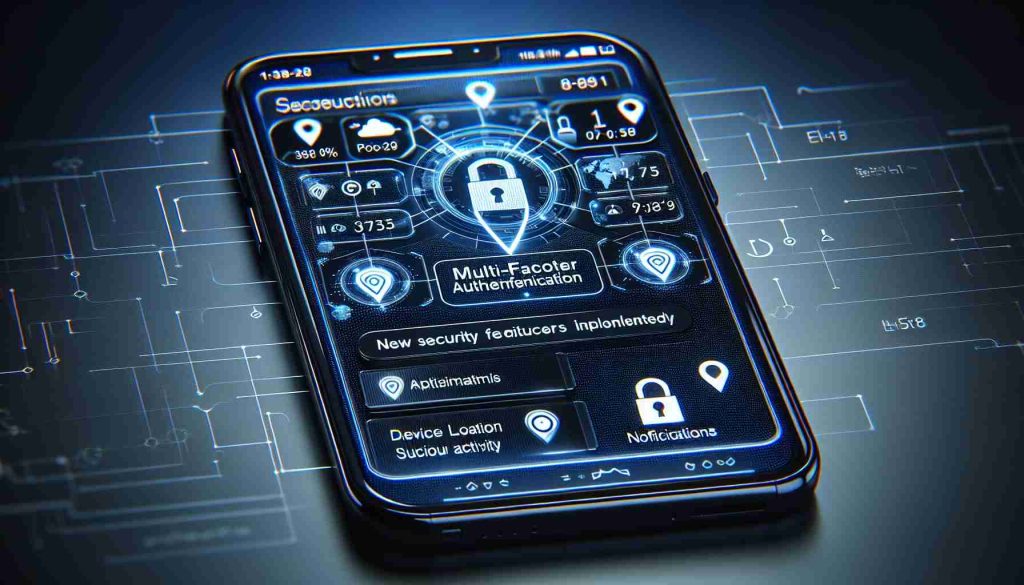 A high-definition, realistic representation of a mobile device screen displaying new security features implemented by a popular web search company. This could include multi-factor authentication, device location tracking, or notifications for suspicious activity. The depicted mobile device should be modern, likely with a large touch screen. The interface should be intuitive and user-friendly, with clear icons and text.