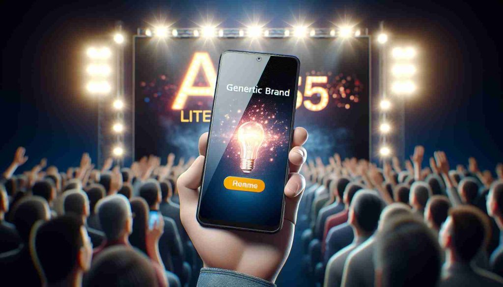 Realistic high-definition image of the Unveiling of a new generic brand A55 Lite smartphone, advertised as a budget-friendly device designed for optimal multimedia functionality. The device should be showcased predominantly, perhaps being held in a person's hand, with a bright, clear display screen visible. The background should hint at an unveiling event, with lights, an excited crowd blurred out, and focus only on the device.