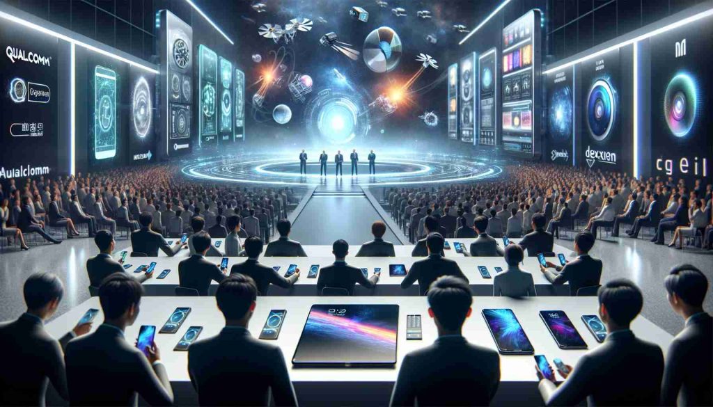 Generate an ultra-high-definition, photorealistic image illustrating the unveiling of revolutionary advances in mobile technology. The scene should include representatives from two hypothetical tech enterprises, one symbolizing Qualcomm and the other Xiaomi. Display an array of avant-garde gadgets, include futuristic mobile phones, tablets, and smartwatches. The atmosphere should encapsulate a high-tech, innovative universe, brimming with excitement about the groundbreaking tech inventions. Fill the background with interested onlookers of various races and genders ensuring a diverse representation.