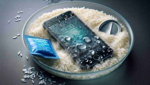 Generate a realistic high-definition image where the scene represents a safe method of reviving or rescuing a wet mobile phone. The image could depict a water-damaged phone, shown alongside a container of uncooked rice or silica gel packets, which are often used to absorb the moisture. Highlight details such as droplets of water on the phone, the texture of the rice or silica gel, and the urgency of the situation.