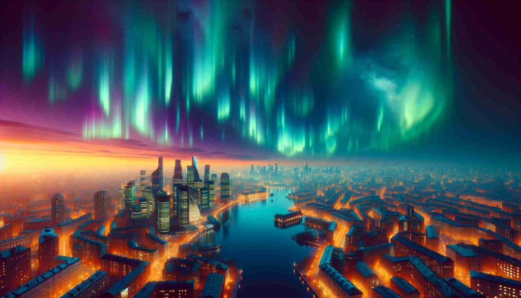 A realistic, high-definition image depicting the enchanting magic of the Northern Lights. Consider illustrating this natural spectacle in unexpected locations, like a bustling cityscape or a tropical beach, defying traditional geographical boundaries where these auroras are usually seen. Strive for a surrealistic blend of vibrant, shifting colors sprawled across the night sky, intensifying the charm and mystery of the scene.