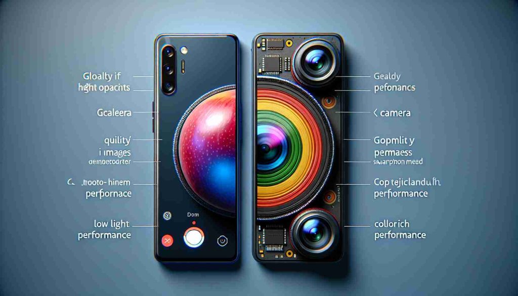 Create a  realistic high-definition image comparing the camera performances of two smartphones: one represents a globally popular fruit-named company while the other represents a top-tier domestic smartphone corporation. The image should detail key aspects such as quality of images captured, low light performance, color accuracy, and the overall build of the smartphone cameras.