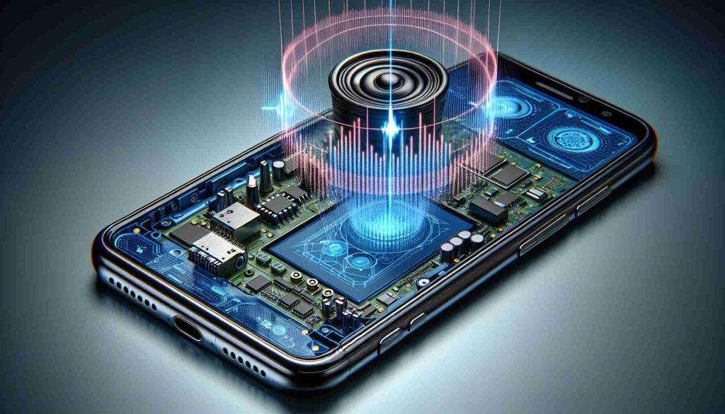 High definition, realistic image of a cutting-edge technology concept which allows for audio surveillance via sensors embedded in a modern smartphone. Show the smartphone's intricate internal structure with various sensors highlighted. Also illustrate sound waves entering the phone and being processed by the sensors, indicating the eavesdropping aspect of this technology.