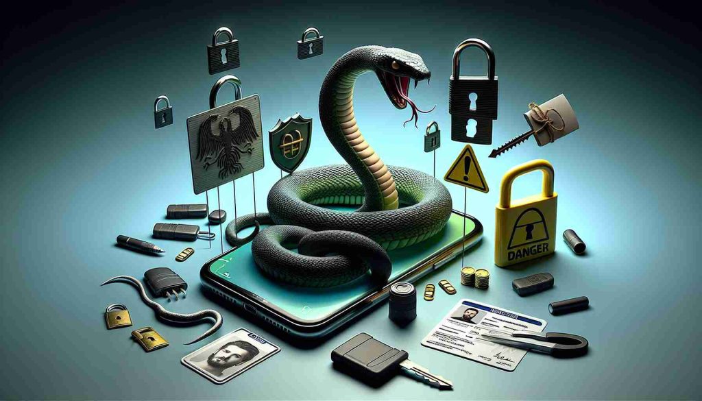 Generate a hyperrealistic, high-definition image that symbolizes the various dangers that lurk on your smartphone. The scene can include visual metaphors like a serpent wrapped around a smartphone as a sign for malware, a lock symbol to represent privacy concerns, and identification documents to symbolize identity theft. To further dramatize the scene, place a caution or danger sign nearby. Preferably, the smartphone needs to be in the center of the artwork, with each danger distinctly showcased against a contrasting background.