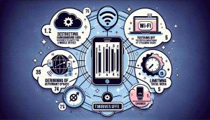 Create a high-definition infographic showcasing five easy strategies for saving data on a mobile device. Imagine showing a modern smartphone at the center with tips radiating out around it: 1. Restricting background data, symbolized by a barred cloud. 2. Using Wi-Fi whenever possible, symbolized by a Wi-Fi symbol. 3. Decreasing the resolution of streaming videos, symbolized by a pixelated video play button. 4. Turning off automatic updates, symbolized by a crossed-out gear symbol. 5. Limiting social media use, symbolized by a timer on a popular social icon. The backdrop should be simple and non-distracting.