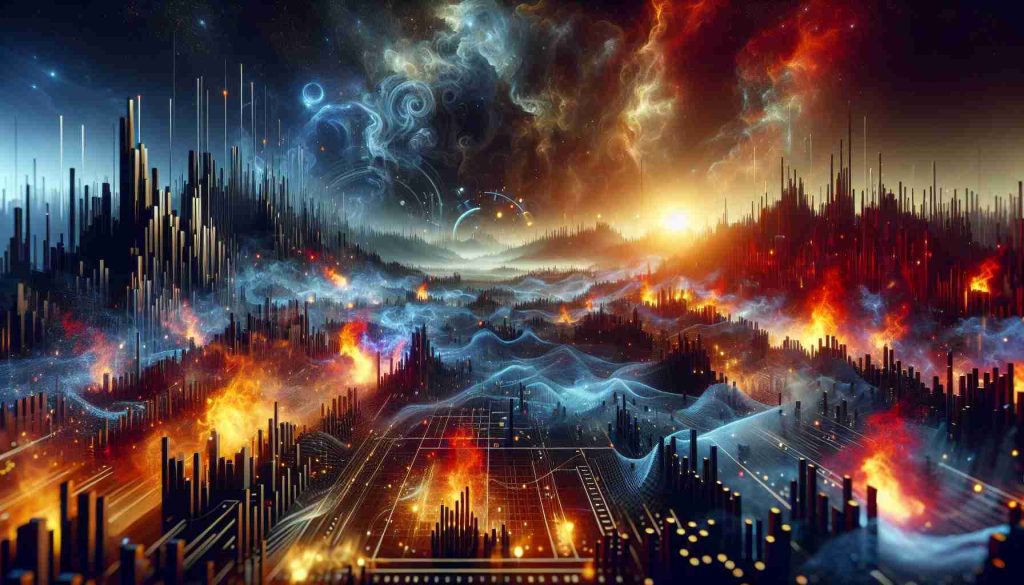 Realistic high-definition image of an abstract sonic landscape that represents the energy and dynamism often associated with fusion music. The scene incorporates visual elements related to the track 'Blaze It' – such as roaring flames, glimmering embers, and a fiery horizon – to evoke the track's title and passionate mood. Additionally, the atmosphere of the scene incorporates the frantic pace intrinsic to the named style. Please note, this representation is an imaginative interpretation of the musical description and does not depict any real people or specific musical bands.