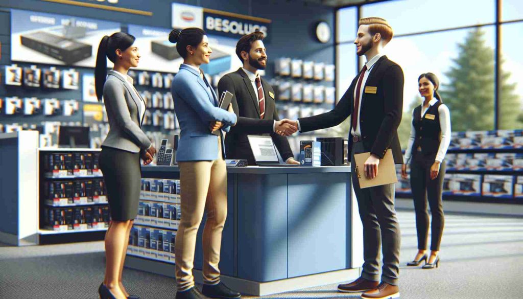 Render a high-definition image of consumer rights advocacy resulting in a resolution at a local electronics store. The scene should showcase a diverse group of people involved: a Black female customer service representative, a Caucasian male consumer rights advocate, and a Hispanic female store manager. The atmosphere should reflect a successful discussion with the store manager shaking hands with the rights advocate, while the customer service representative looks on, her face showing relief and gratitude.