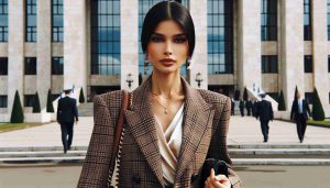 Realistic HD photo of a fashionable non-public figure woman, who resembles a South Asian descent and fashionable attire, arriving at a prominent governmental building for an important hearing.