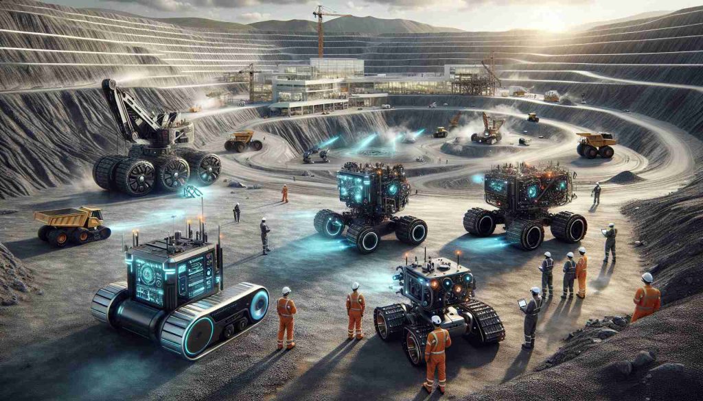 A highly detailed and realistic photograph-style image showcasing the transformation of the mining industry through the use of advanced technology. The scene should depict a large, open-pit mine. Front and center, there should be an autonomous, unmanned, robotics mining vehicles, both on the ground and in the air, equipped with different types of sensors and laser technology for precise mining operations. Some miners wearing high-tech safety gears with integrated communication systems, of various descents and both genders, should be at a safe distance, remotely controlling these machines. In the backdrop, modern infrastructure and facilities with solar panels for clean energy can be seen.