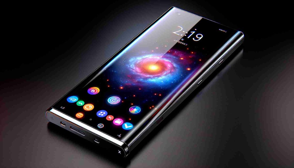 A high definition, realistic image of a futuristic device named Galaxy Star X. It appears to be very advanced in design with sleek lines and an ultra-thin body. The lustrous reflective screen is almost entirely bezel-less, displaying vibrant array of colorful icons. The body is made of premium materials which exudes elegance and sophistication. A logo depicting a stylised galaxy is prominently placed at the back, crafting a strong brand identity. Its unique design sets it apart from current models, making it appear as though it is indeed a device from the future.