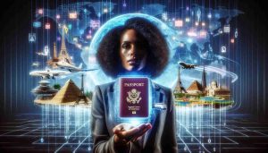 Imagine a large HD photo detailing the concept of revolutionizing travel with digital credentials. In the center, there's a globe-trotting, Black woman, her hand holding a digital screen showing a multi-colored passport. Around her, you see diverse virtual landmarks, such as the Egyptian pyramids, Eiffel tower, and less iconic, but still recognizable, places from different parts of the world. Digital trails connect her passport to these landmarks, symbolizing lines of travel. The whole scene is futuristic with ethereal light effects, and you can see ones and zeros subtly overlaying the image, representing digital data.